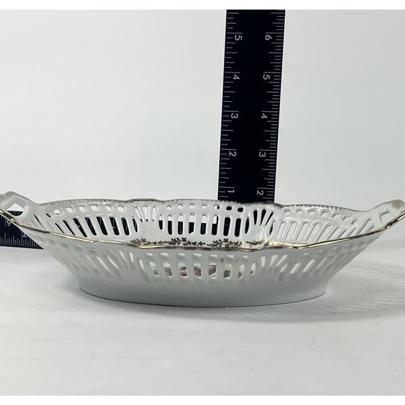 German Porcelain Trinket Dish Victorian Couple Farming Lattice Reticulated Bowl - Picture 4 of 9